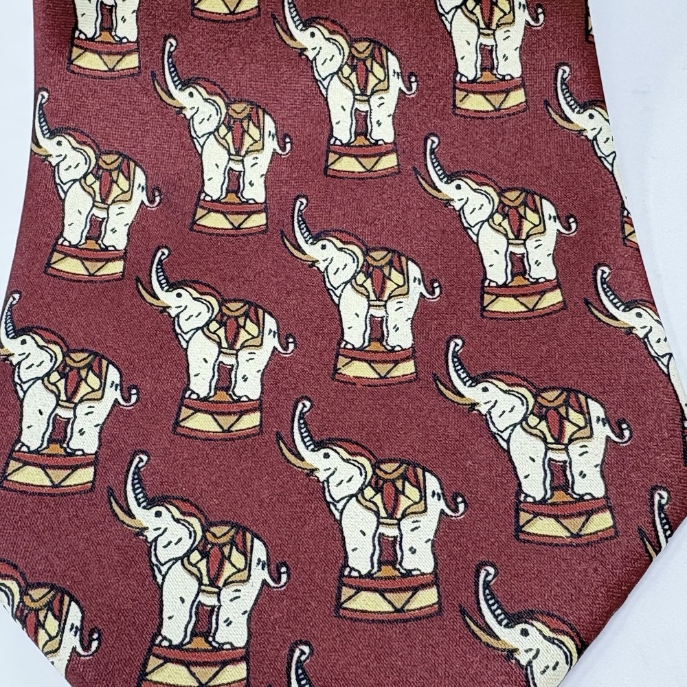 Rene Chagal Silk Italian Design Necktie Animal Print Elephants Handmade Maroon - Picture 2 of 7